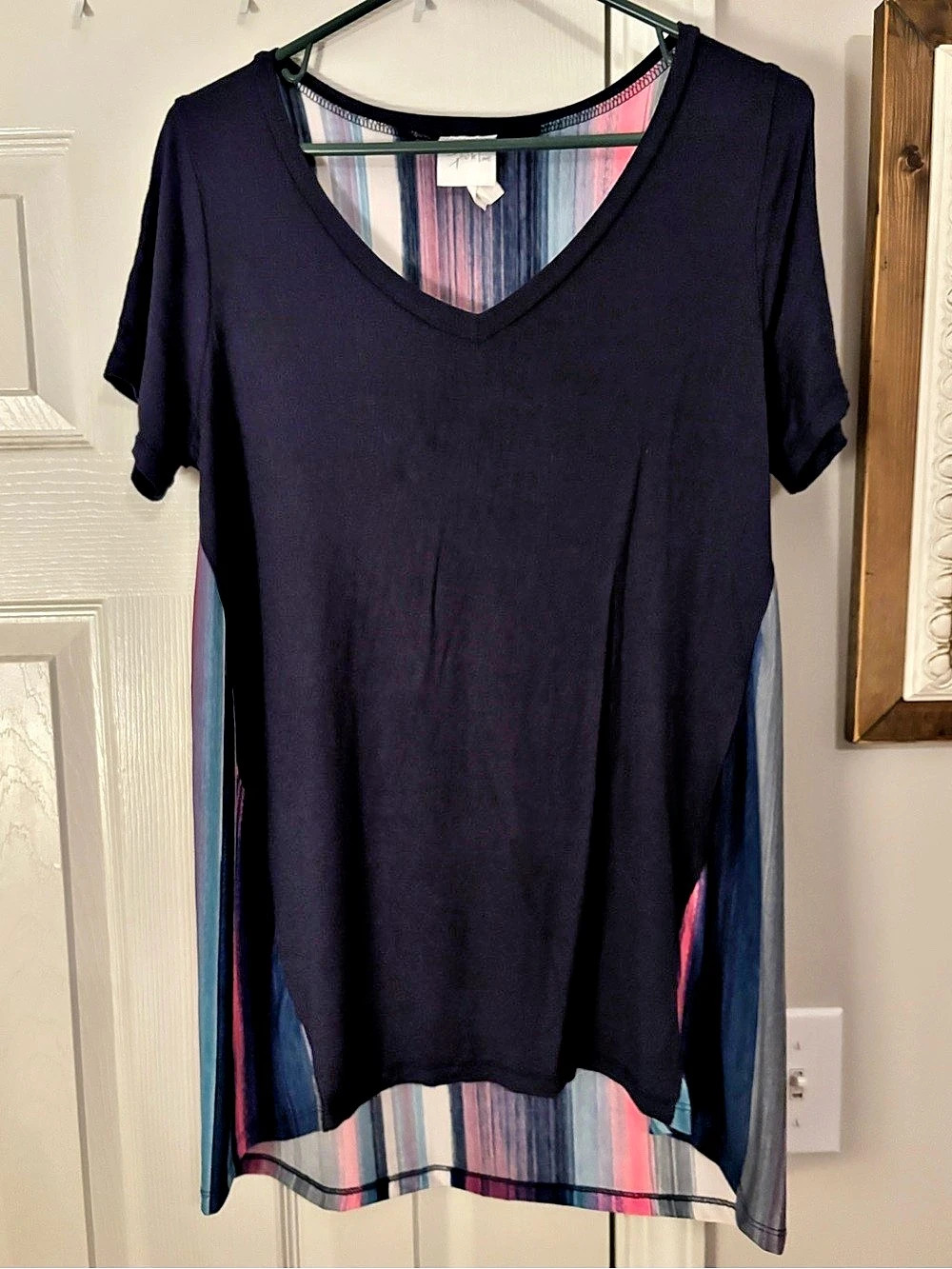 Striped V-Neck Midi Dress in Black & Pink Like New